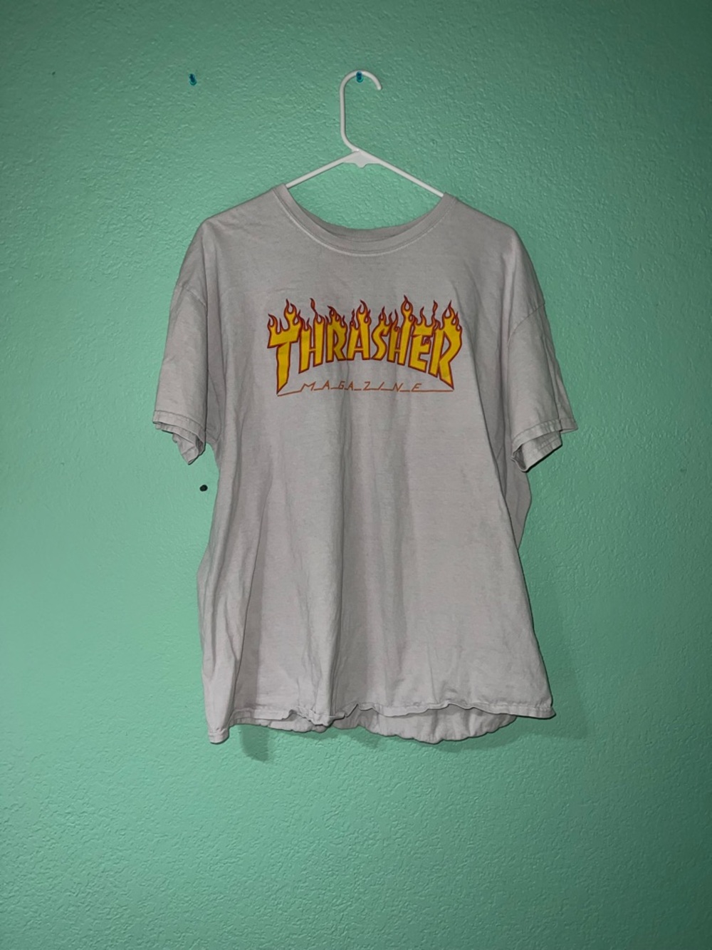 Thrasher White Tee with Yellow and Red Flame Logo